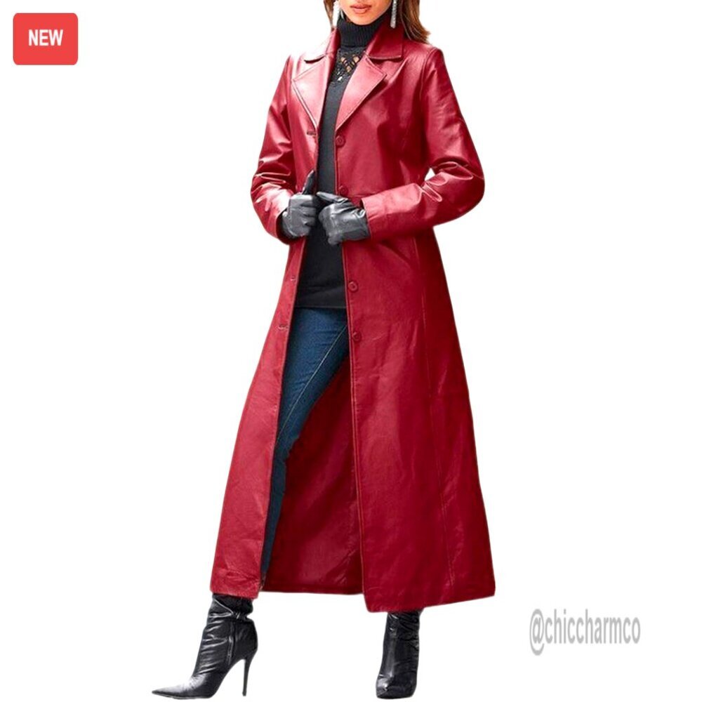 Faux Leather Trench Coat, Maxi Length, Lapel Collar, Button Down, Women's